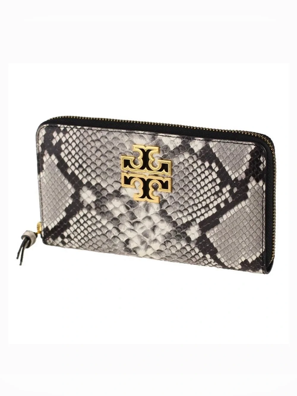 Tory Burch Britten Snake Embossed Leather Zip Wallet Black and White Gold Logo